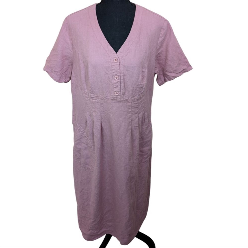 Chic Pa Midi Dress 100% Linen V-Neck Short Sleeve Lagenlook Pockets